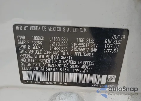 2019 Honda Hr-V Ex z USA, uszkodzony, nr VIN 3CZRU6H58KM708134